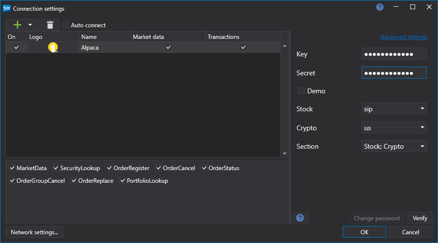 API-GUI-Einstellungen Alpaca
