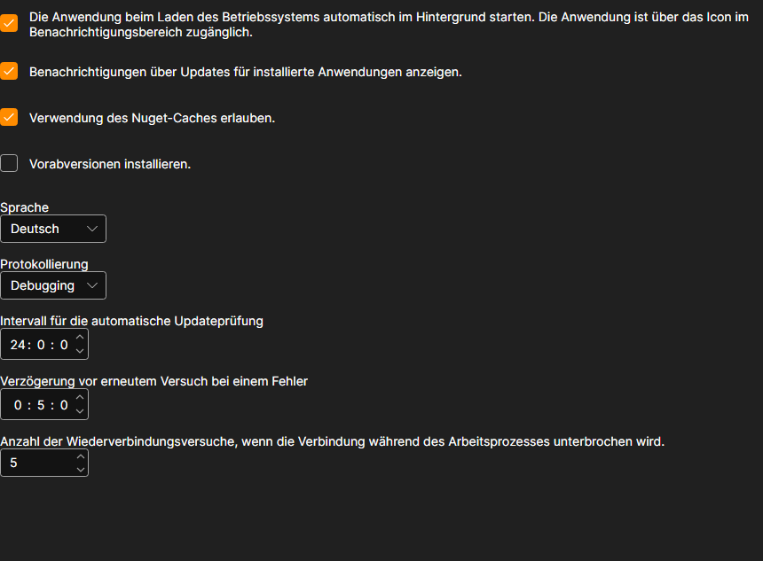 Installer: Seite Einstellungen