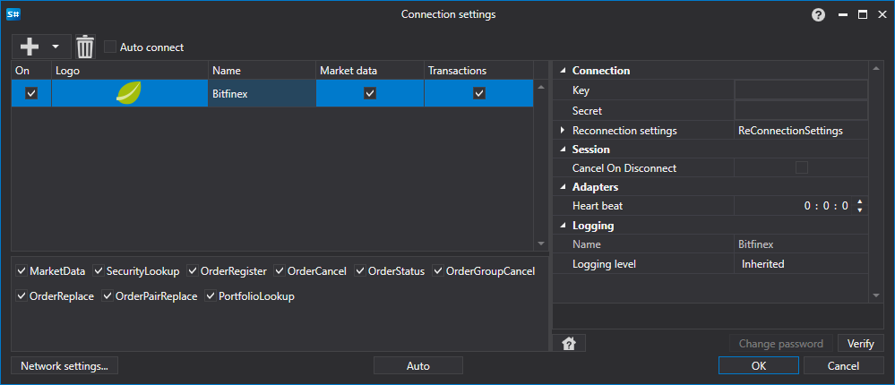 API GUI Settings Bitfinex
