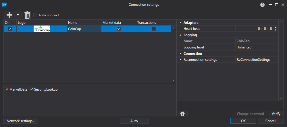 API GUI Settings CoinCap