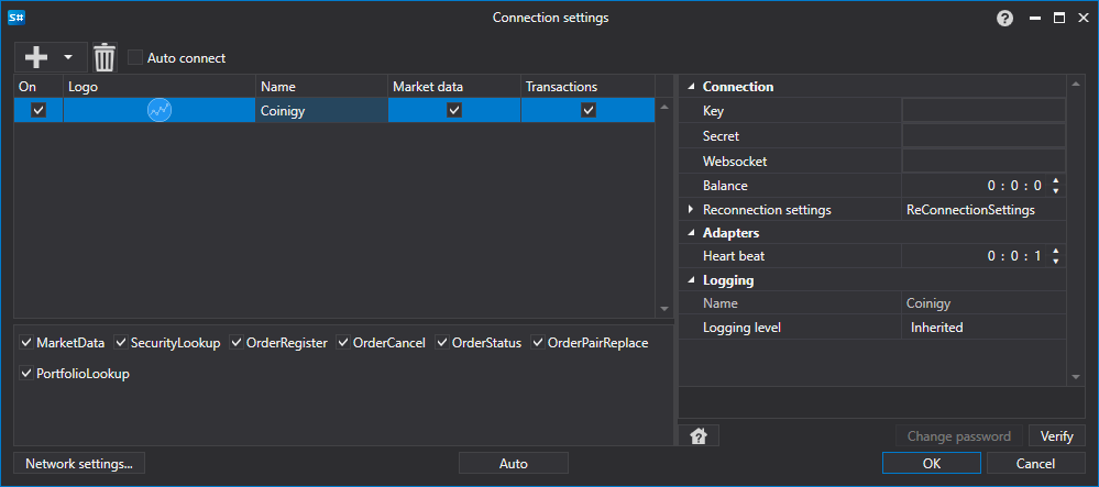 API GUI Settings Coinigy