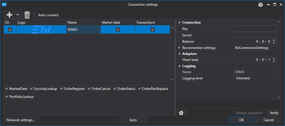 API GUI Settings EXMO