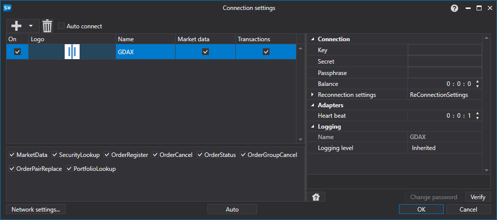 API GUI Settings GDAX