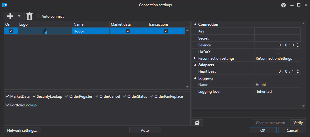 API GUI Settings Huobi