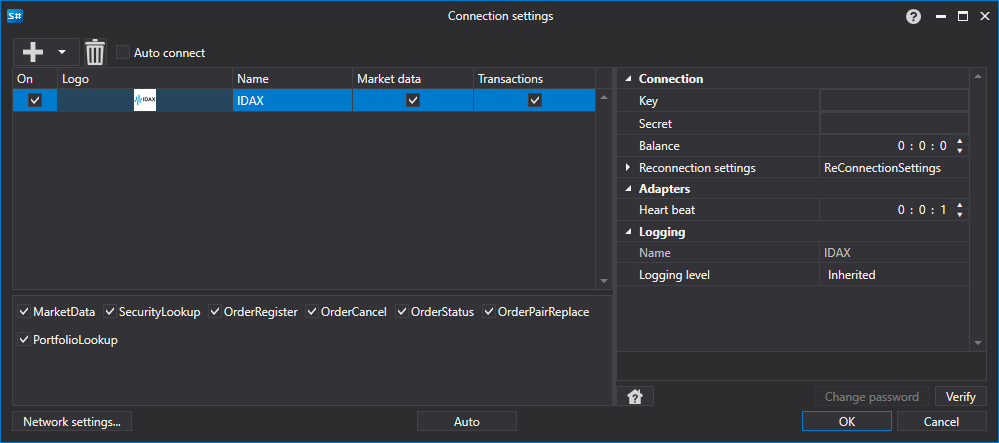API GUI Settings IDAX