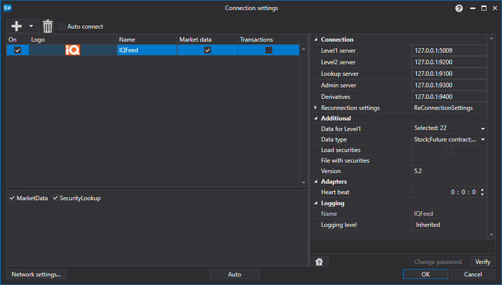 API GUI Settings IQFeed