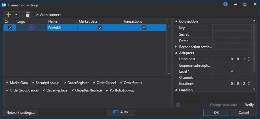API GUI Settings PrizmBit