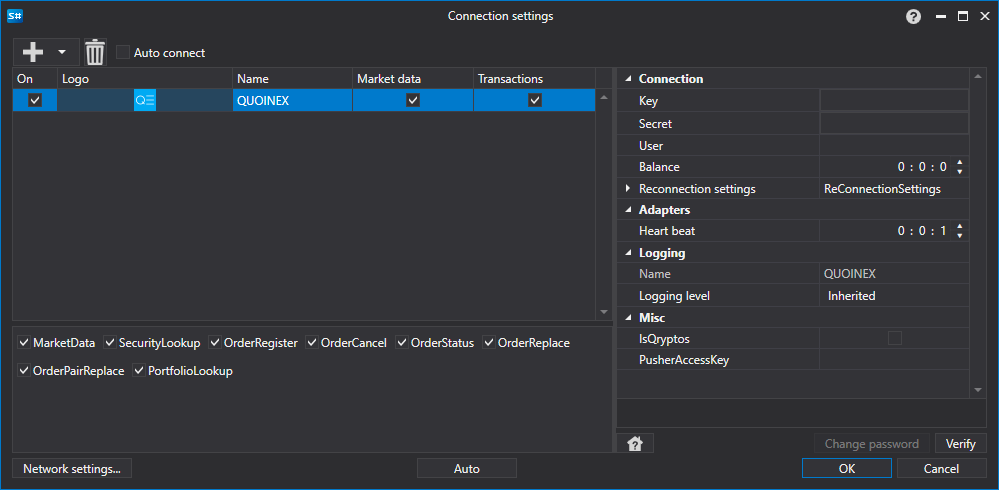 API GUI Settings QUOINEX
