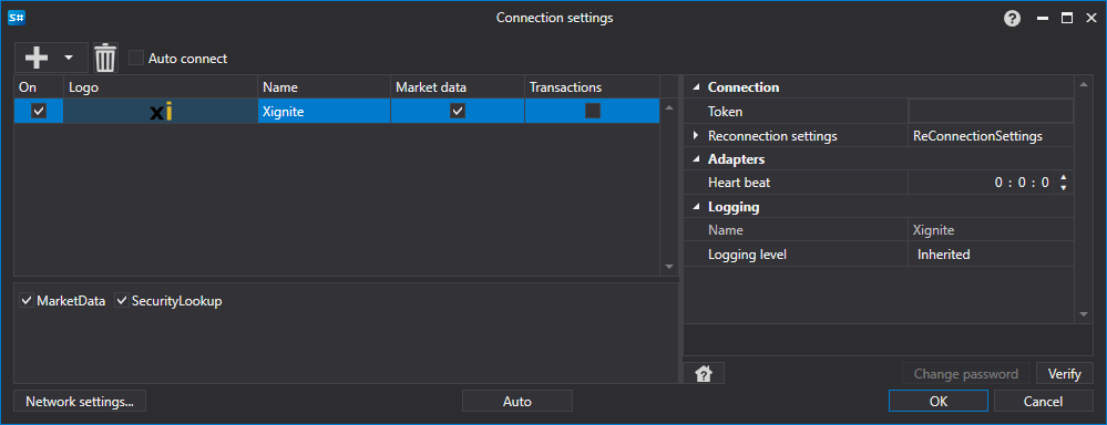API GUI Settings Xignite
