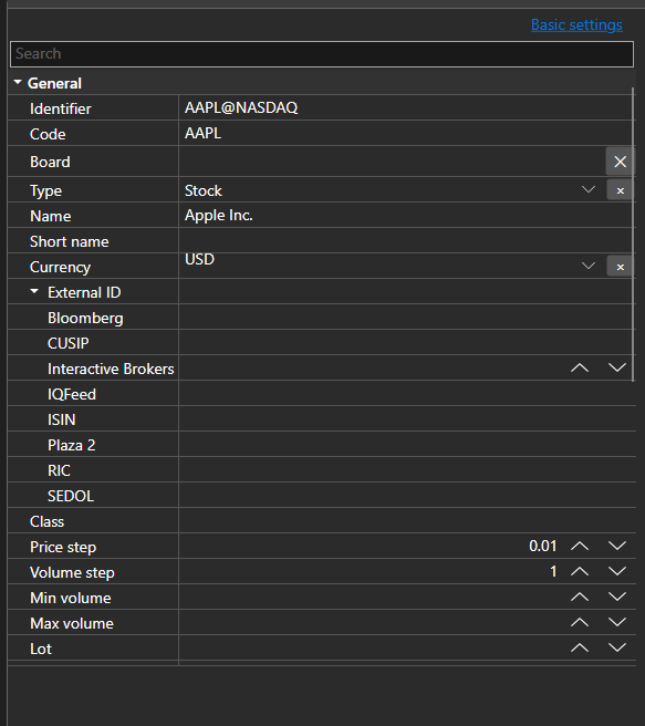 Screenshot: property panel in advanced mode