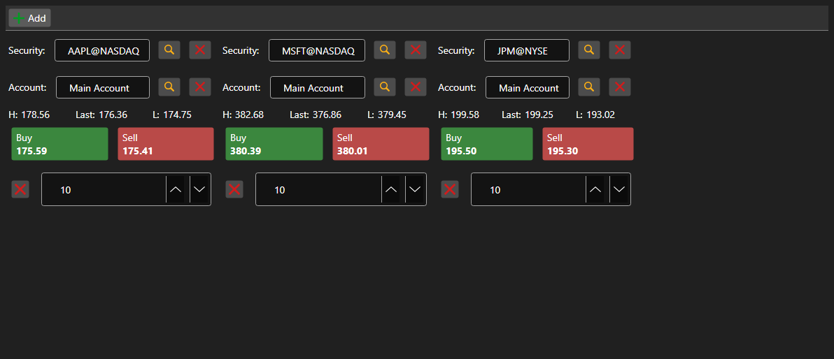 Screenshot: set of quick trading panels
