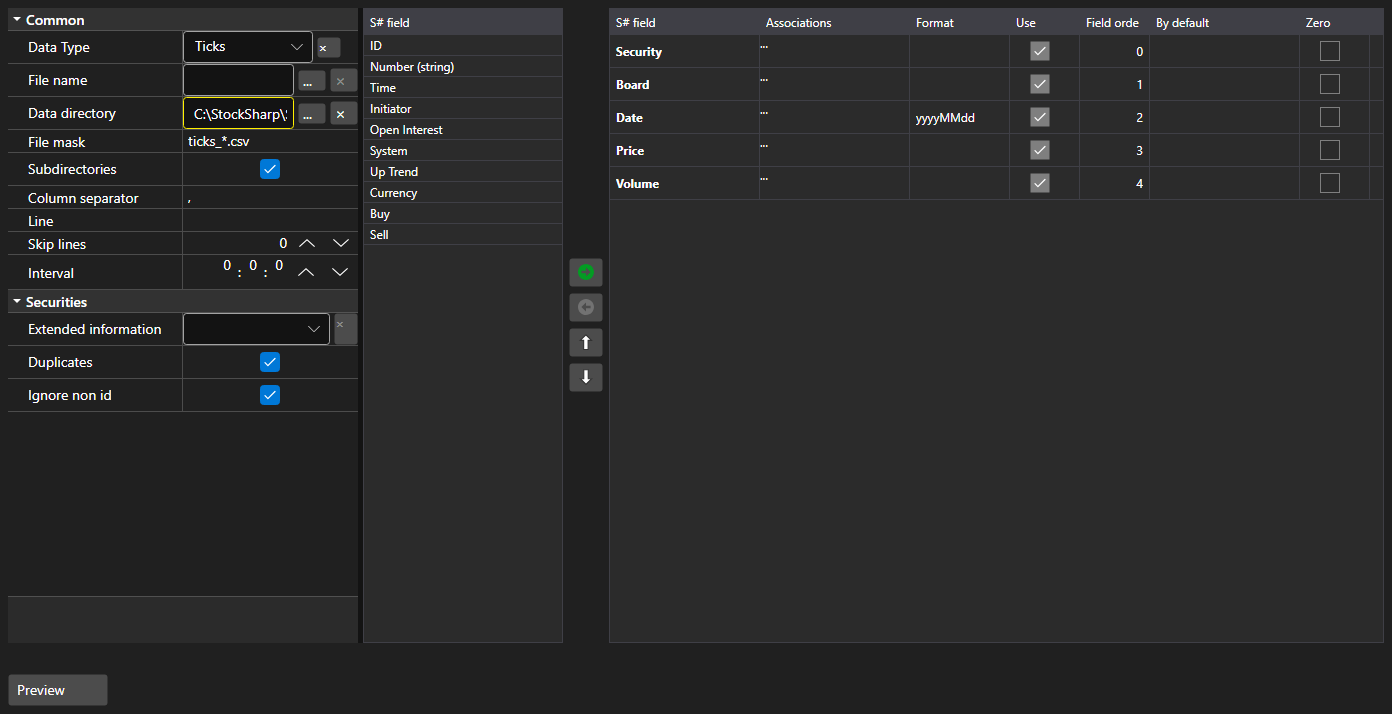 Screenshot: panel of file import settings
