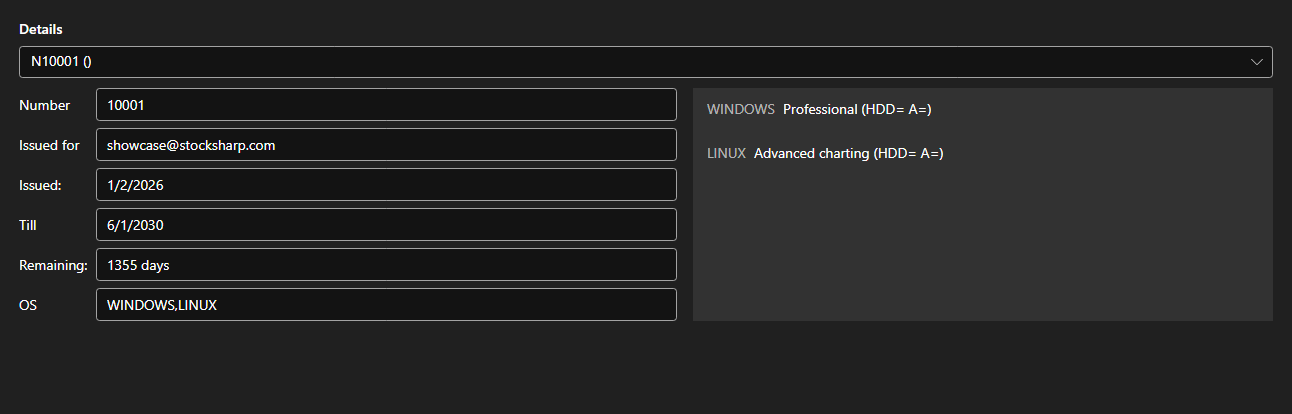 Screenshot: panel of installed licenses