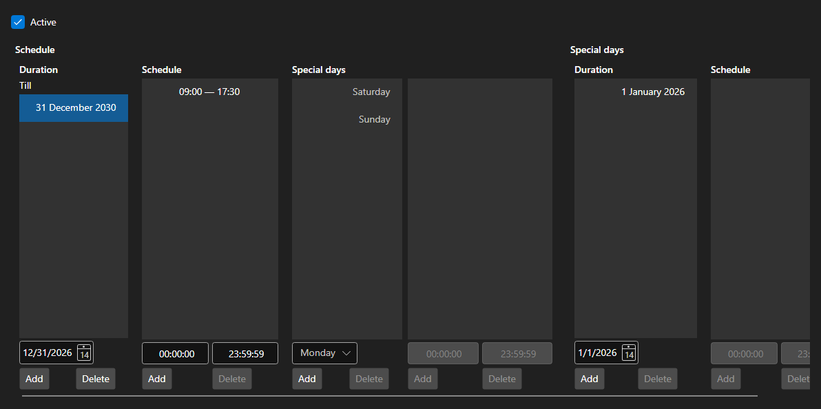 Screenshot: editor of the board working schedule