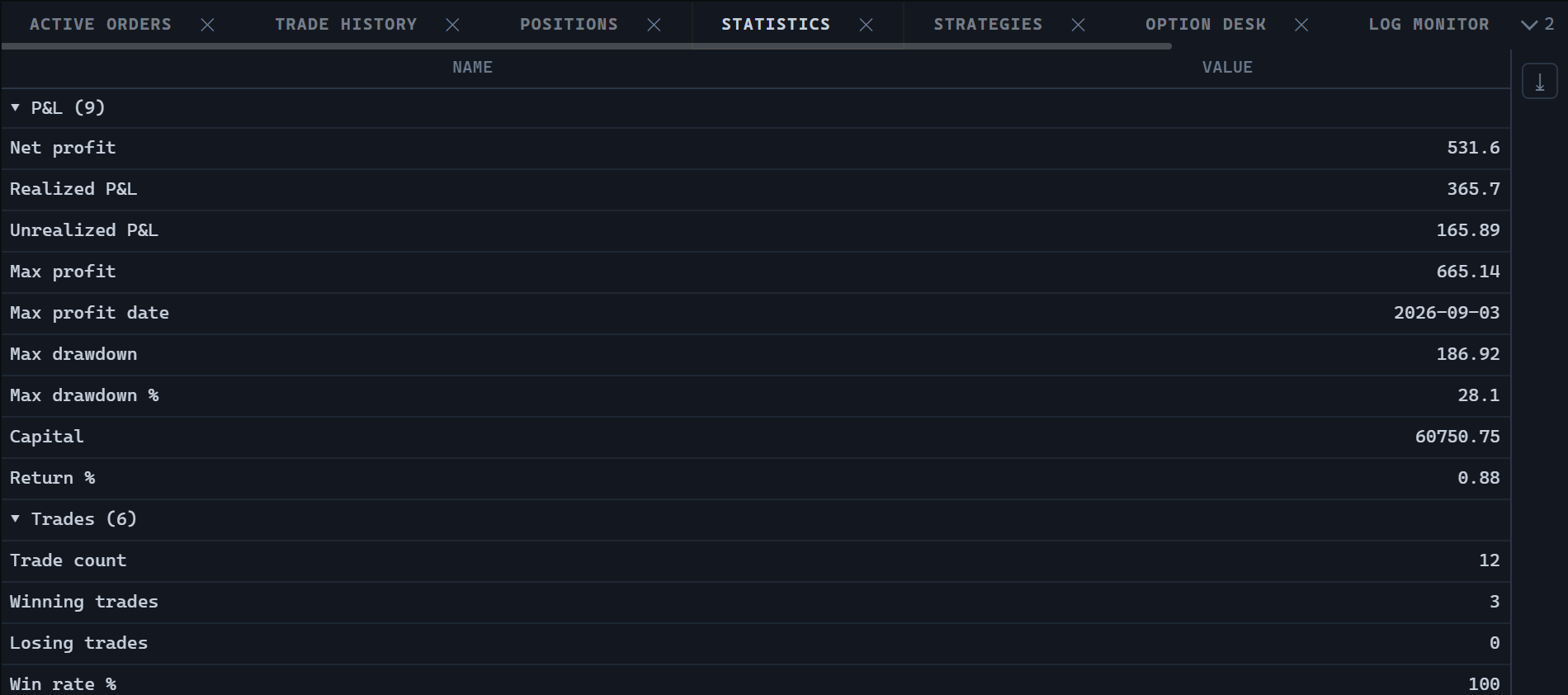 Run statistics panel with grouped metrics