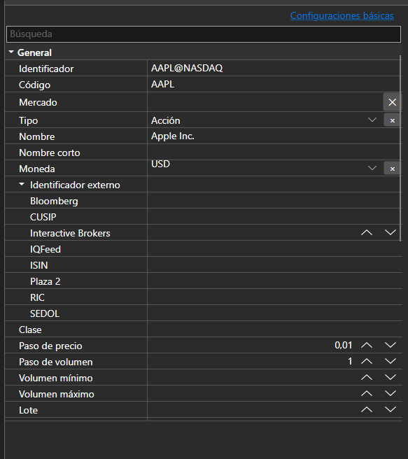 Captura de pantalla: panel de propiedades en modo avanzado