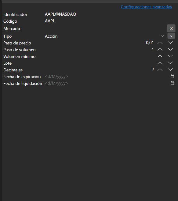Captura de pantalla: panel de propiedades en modo básico