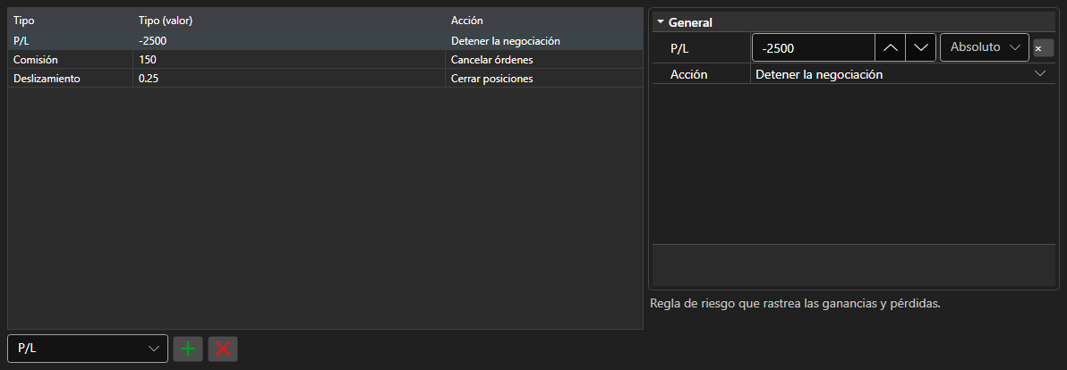 Captura de pantalla: tabla de reglas de gestión de riesgos