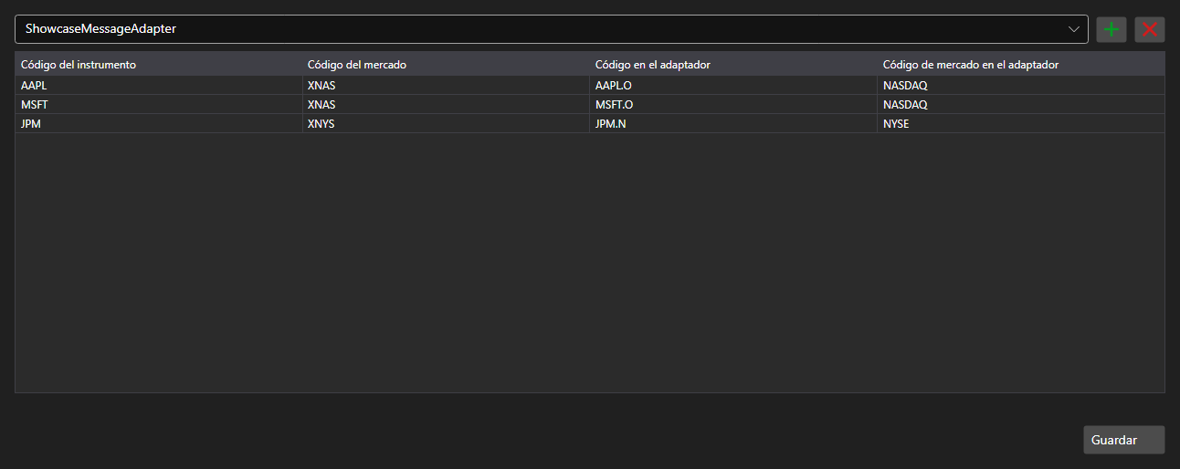 Captura de pantalla: tabla de correspondencias de códigos de instrumentos