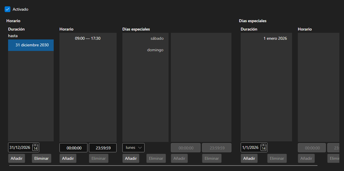 Captura de pantalla: editor del horario de una plaza