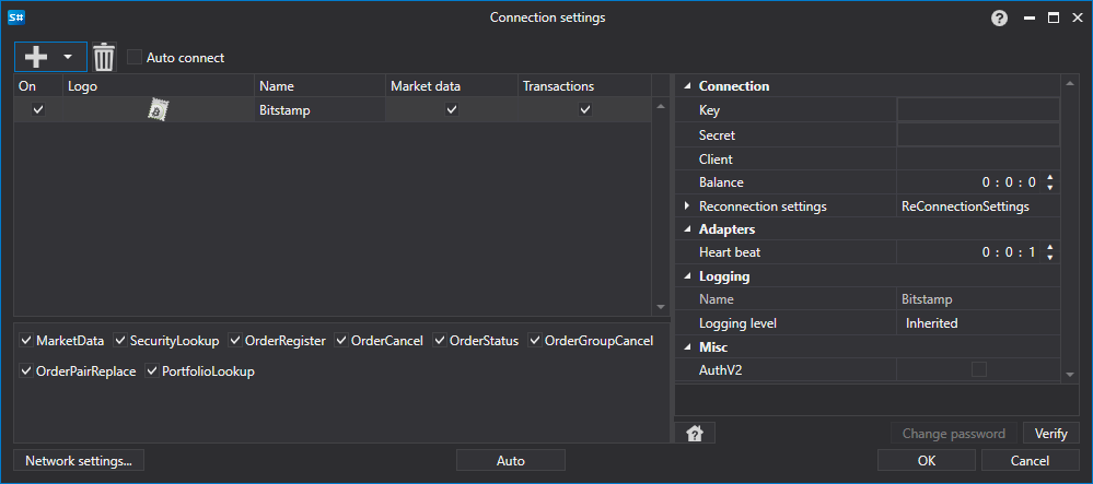 Configurações da API GUI Bitstamp