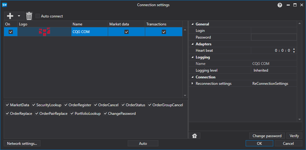 Configurações da API GUI CQG COM