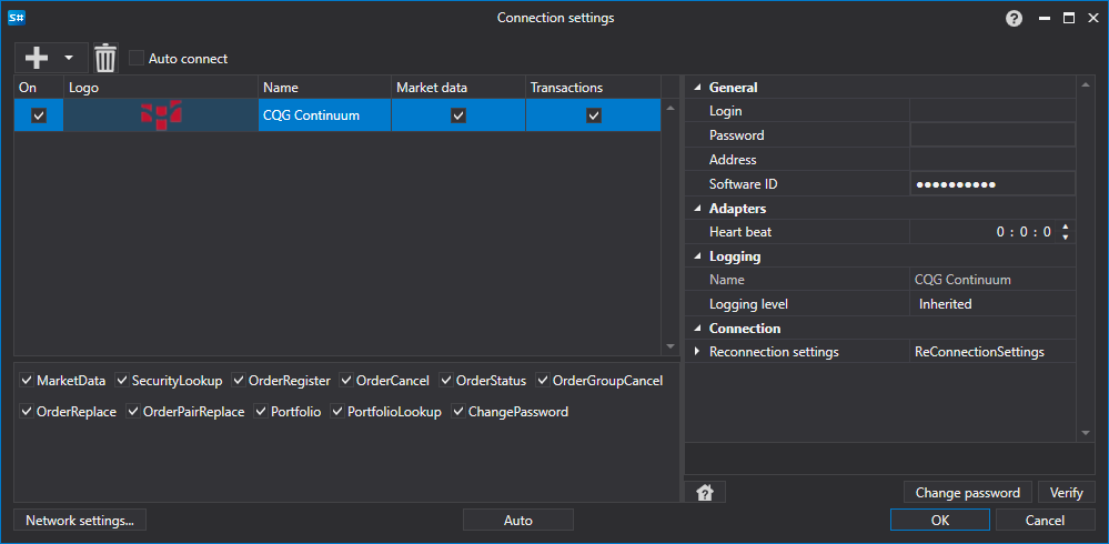 Configurações da API GUI CQG Continuum