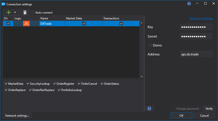 Configurações da API GUI DXtrade
