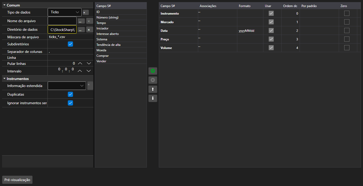 Captura de tela: painel de configurações de importação de arquivo
