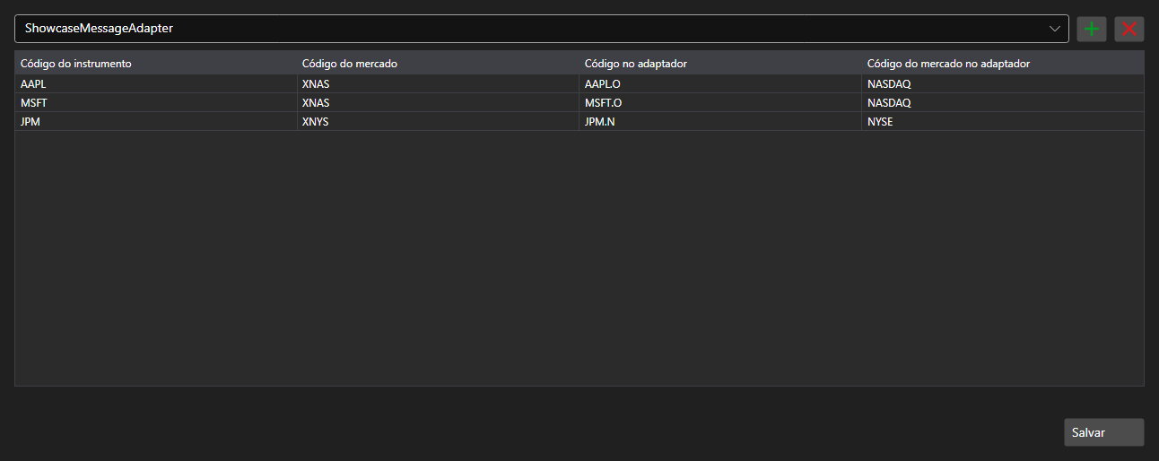 Captura de tela: tabela de correspondências de códigos de instrumentos