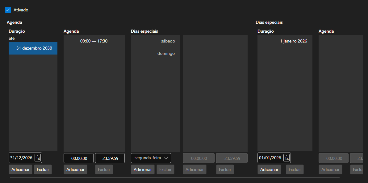 Captura de tela: editor do horário de uma praça