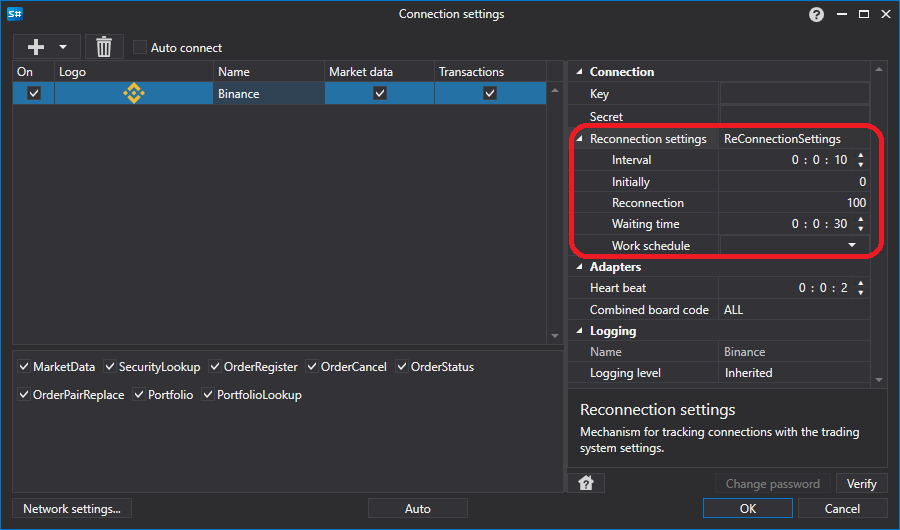 API GUI ReconnectionSettings