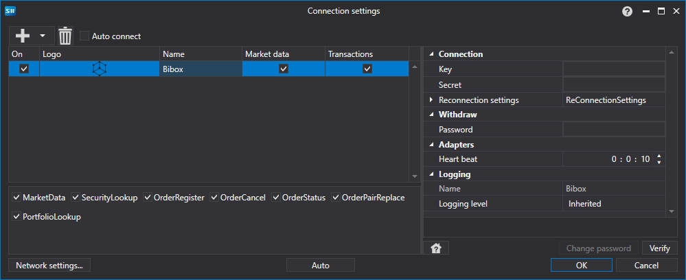 API GUI Settings Bibox