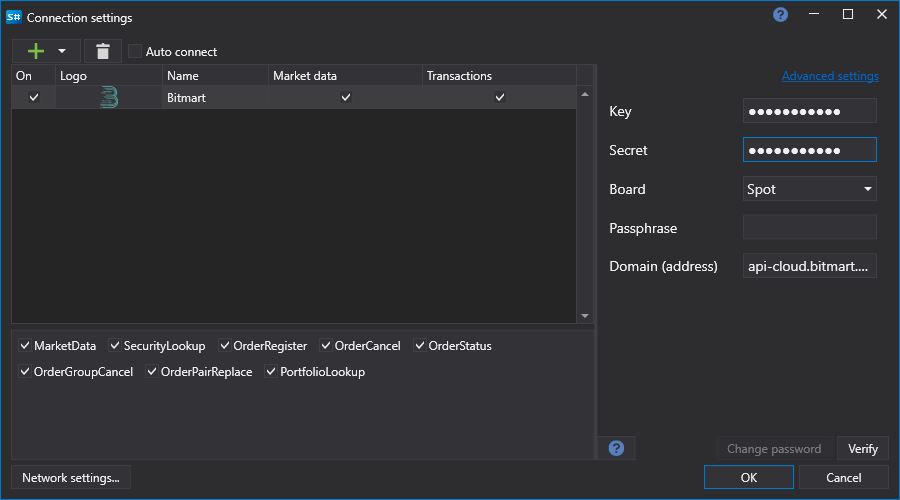 API GUI Settings Bitmart