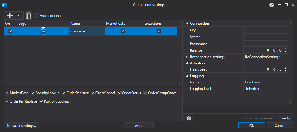API GUI Settings Coinbase