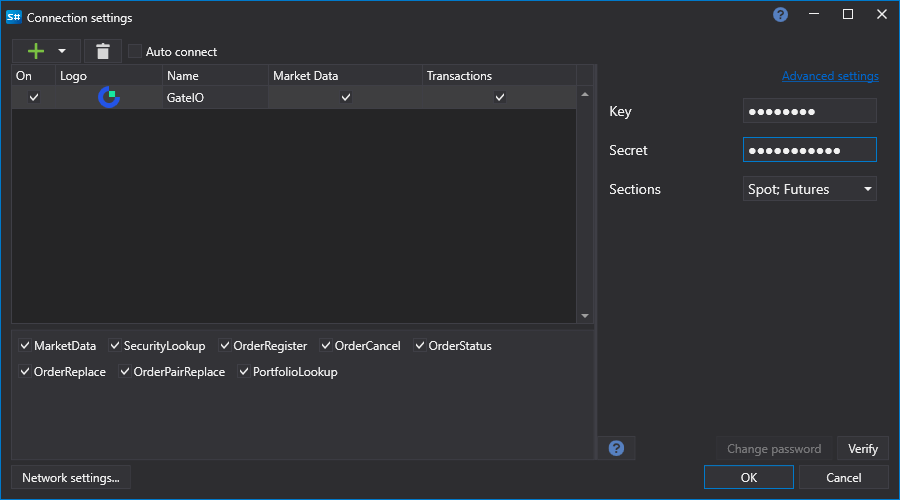 API GUI Settings Gate.io