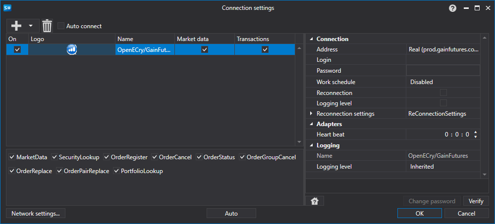 API GUI Settings OpenECry GainFutures