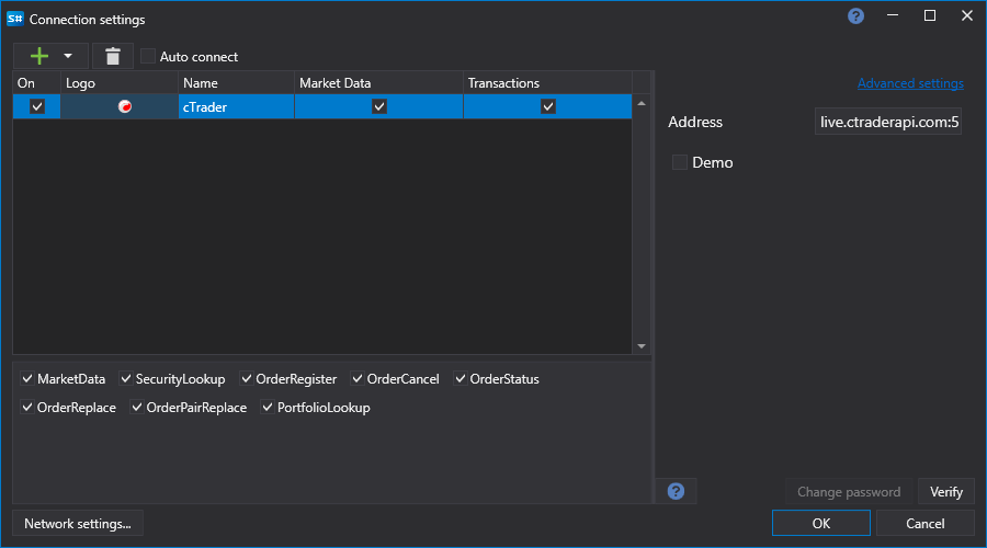 API GUI Settings cTrader
