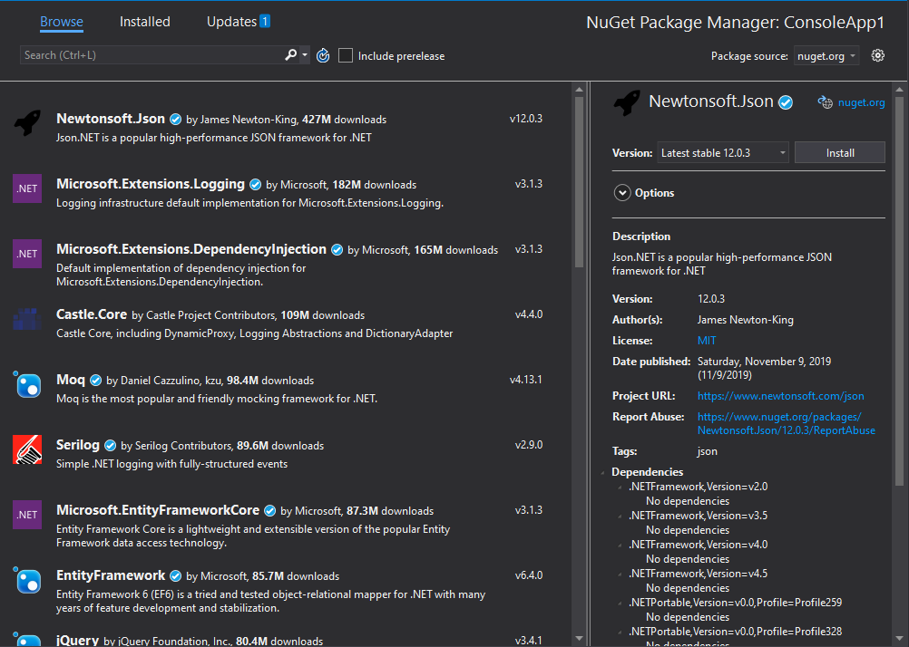 NuGet window